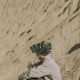 man in grey jacket and green hat sitting on sand